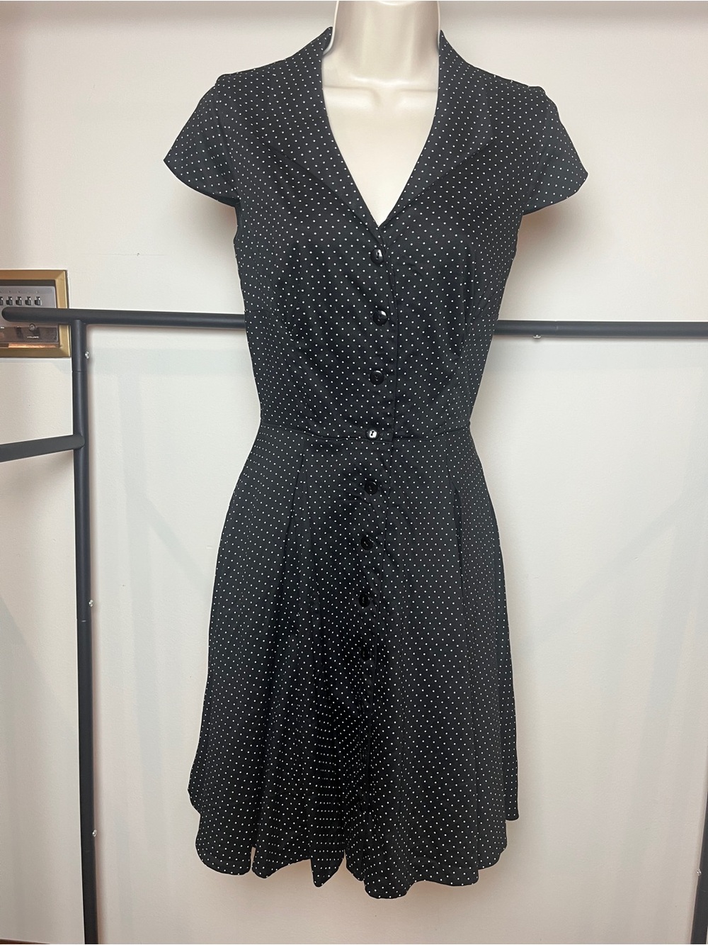 Pinup Couture Black Polka Dot Button-Front Midi Dress Retro 1960s Vintage